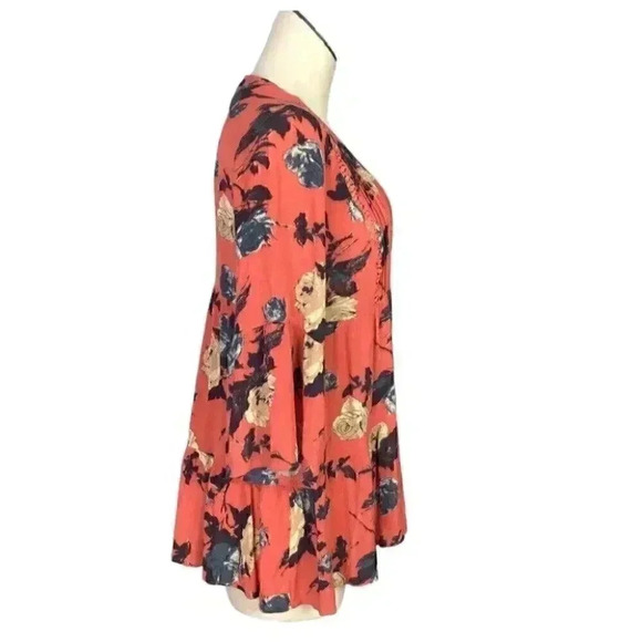 Miss Me Top Womens S Orange Floral Rayon Tiered Ruffle 3/4 Sleeves Lace Boho - Picture 3 of 5